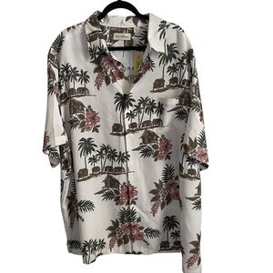 NWT Caribbean Mens Shirt brown pink palm trees huts button up size 3XT